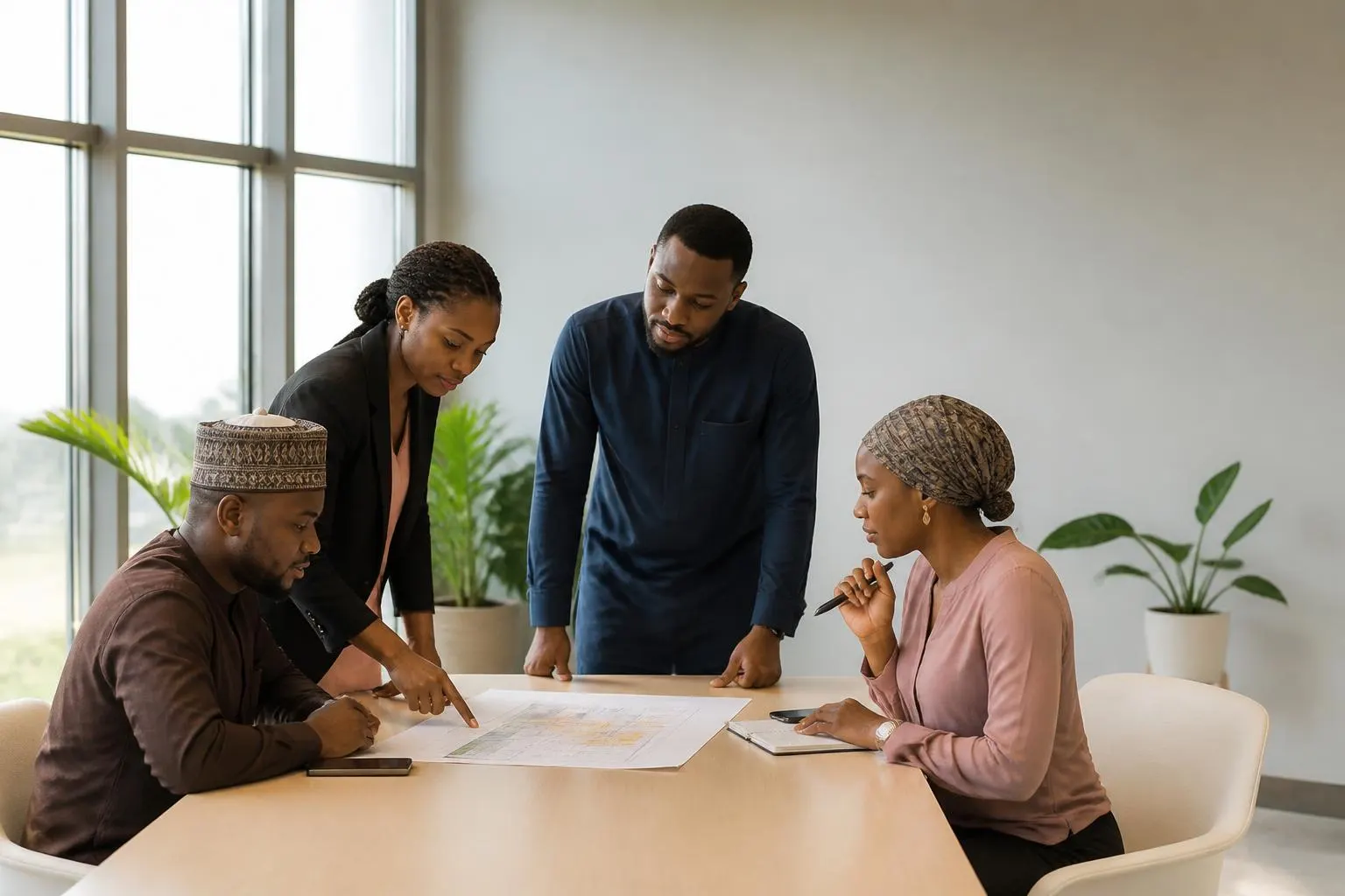 Consultants reviewing an organisational plan together in a modern office